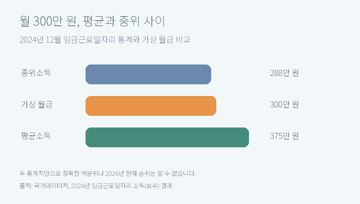 2024년 12월 임금근로일자리 중위소득 288만 원, 가상 월급 300만 원, 평균소득 375만 원 비교 도식